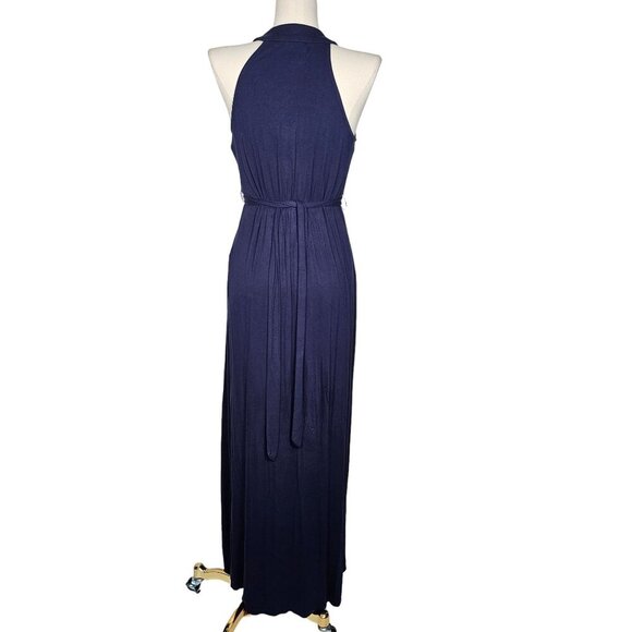 Y2K Eci New York V-Neck Jersey Beaded Waist Sleeveless Long Maxi Dress Blue Size - Picture 2 of 11